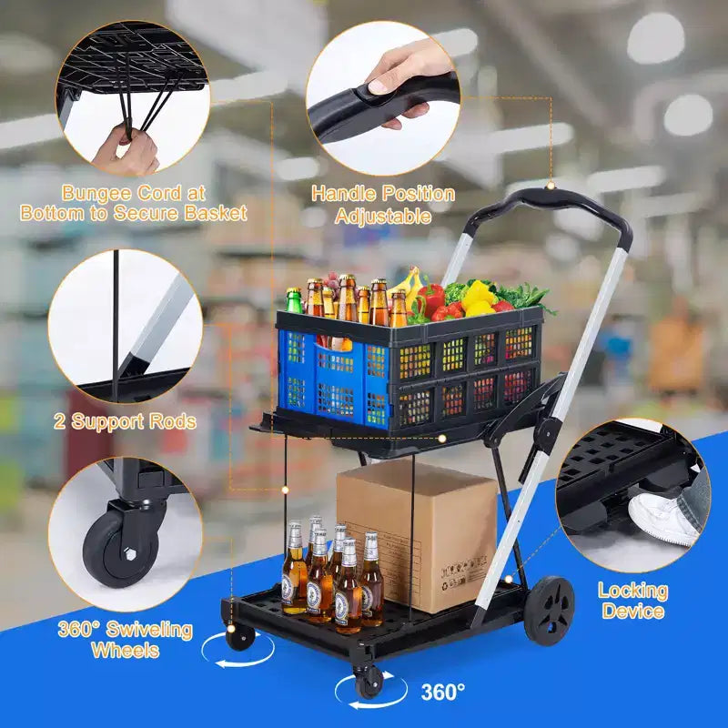 Foldable Shopping Carts for Groceries, 2-Tier Collapsible Grocery Carts with Wheels and Removable Storage Crate, Aluminum Frame Folding Trolley