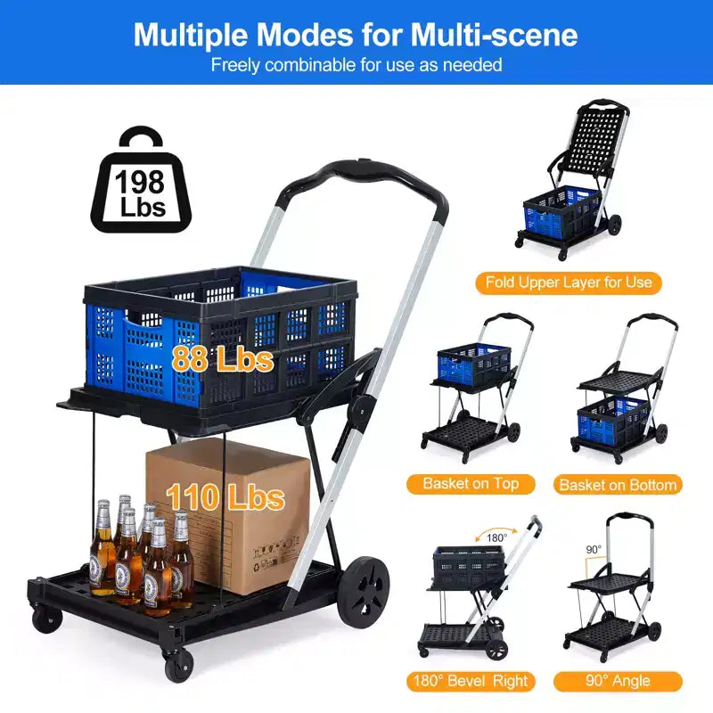 Foldable Shopping Carts for Groceries, 2-Tier Collapsible Grocery Carts with Wheels and Removable Storage Crate, Aluminum Frame Folding Trolley