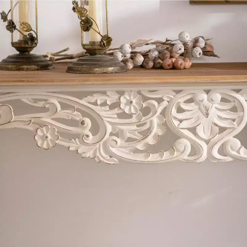 French Country Console Table with Carved Details and Curved Legs