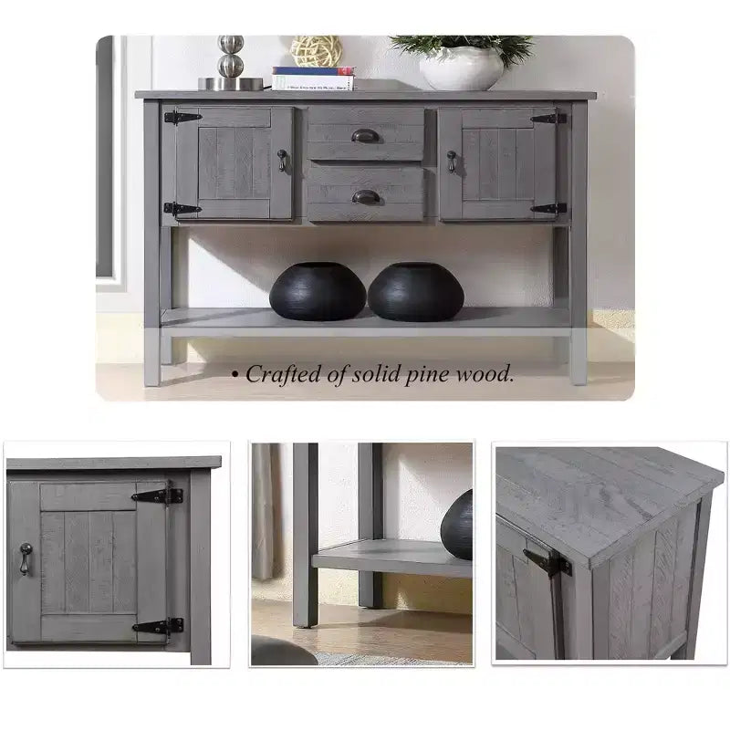 48 Inch Farmhouse Console Table, Entry Table with 2 Drawers and Cabinets, Solid Wood Sofa Table with Shelves for Bedroom, Grey