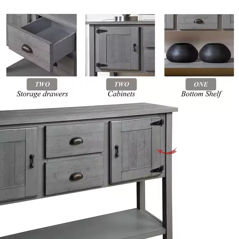 48 Inch Farmhouse Console Table, Entry Table with 2 Drawers and Cabinets, Solid Wood Sofa Table with Shelves for Bedroom, Grey