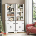 72" Tall Farmhouse Bookcase, Wooden Bookshelf with Storage Cabinet and Drawer, 4 Tier Display Cabinet with Barn Door and Adjustable Shelf
