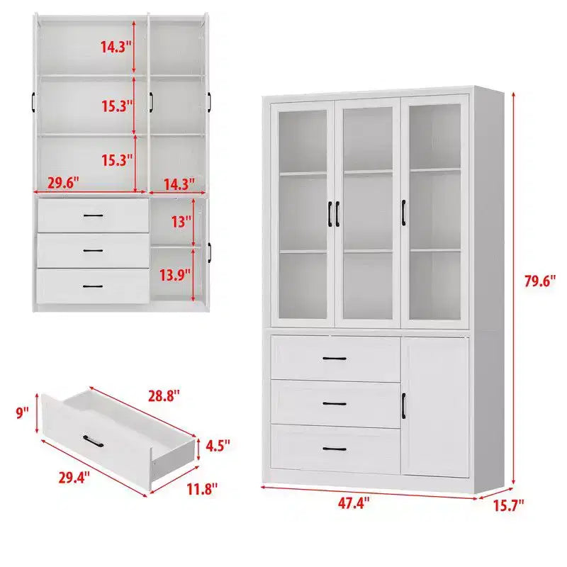 Modern Kitchen Hutch with Glass Doors, Multi-Drawer Kitchen Organizer, Kitchen Pantry with Storage, Easy Assembly