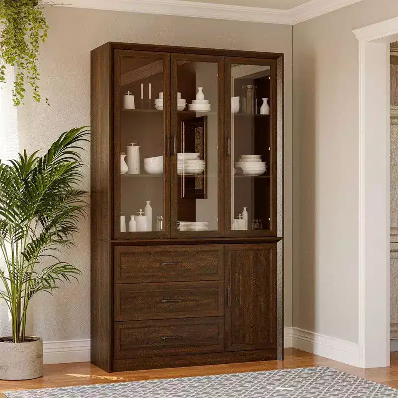 Modern Kitchen Hutch with Glass Doors, Multi-Drawer Kitchen Organizer, Kitchen Pantry with Storage, Easy Assembly