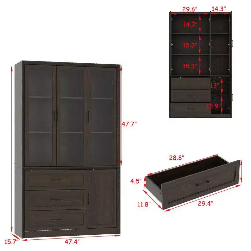 Modern Kitchen Hutch with Glass Doors, Multi-Drawer Kitchen Organizer, Kitchen Pantry with Storage, Easy Assembly