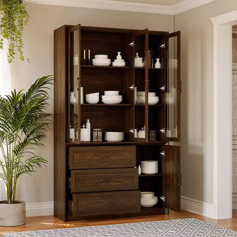Modern Kitchen Hutch with Glass Doors, Multi-Drawer Kitchen Organizer, Kitchen Pantry with Storage, Easy Assembly