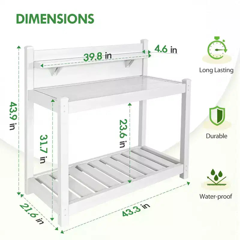 Outdoor Indoor Maintenance Free Vinyl Garden Potting Bench, Waterproof Potting Table with Open Shelf, White