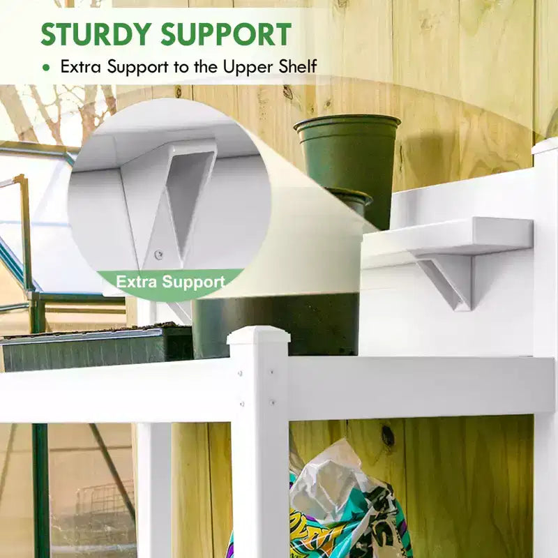 Outdoor Indoor Maintenance Free Vinyl Garden Potting Bench, Waterproof Potting Table with Open Shelf, White