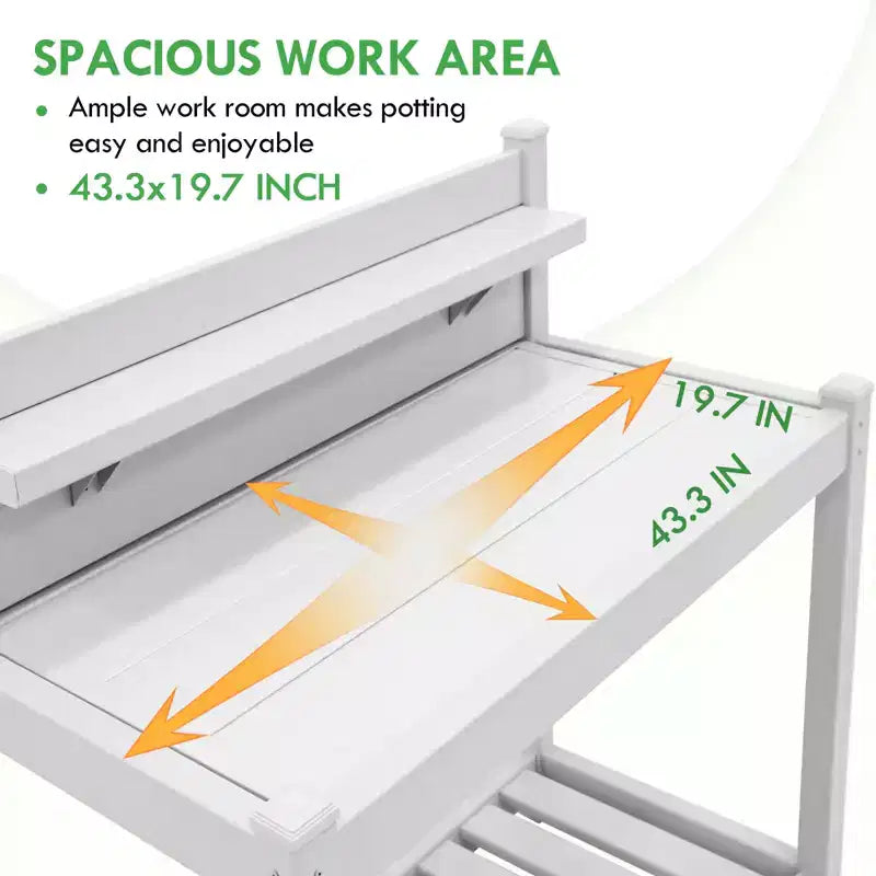 Outdoor Indoor Maintenance Free Vinyl Garden Potting Bench, Waterproof Potting Table with Open Shelf, White