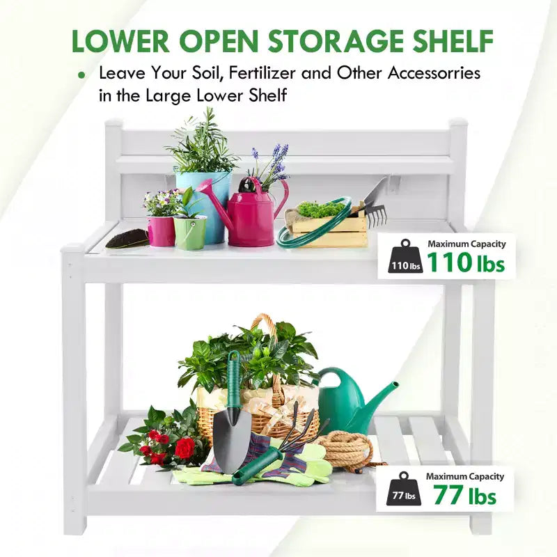 Outdoor Indoor Maintenance Free Vinyl Garden Potting Bench, Waterproof Potting Table with Open Shelf, White