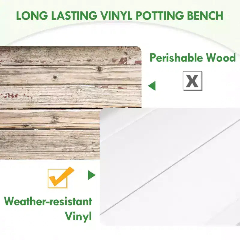 Outdoor Indoor Maintenance Free Vinyl Garden Potting Bench, Waterproof Potting Table with Open Shelf, White