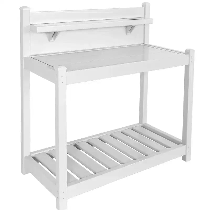 Outdoor Indoor Maintenance Free Vinyl Garden Potting Bench, Waterproof Potting Table with Open Shelf, White