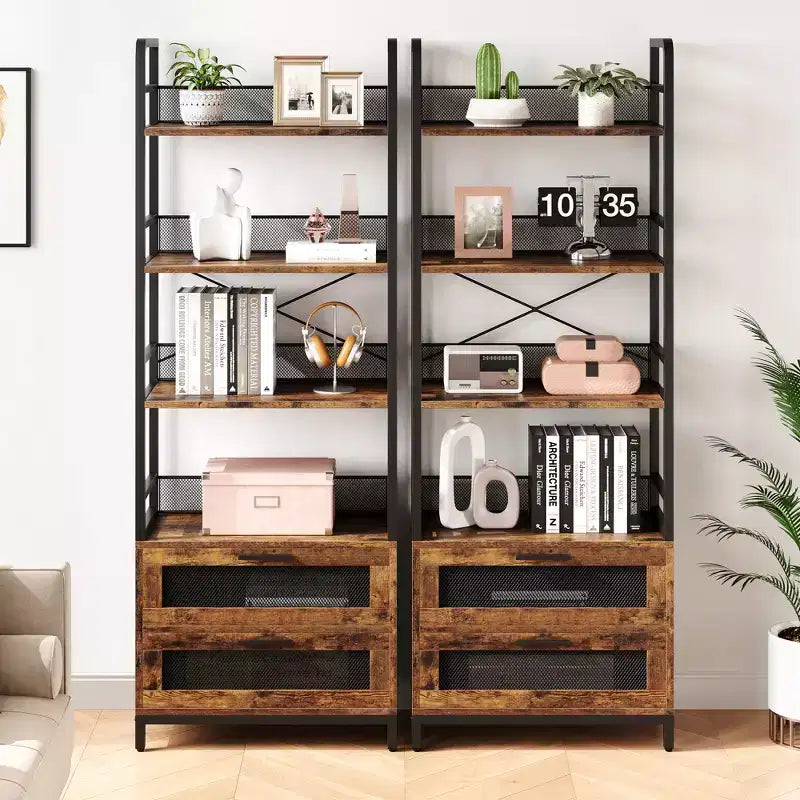 Industrial Bookshelf with Drawers, 4-Tier Rustic Bookcase, 70.87 Tall Display Storage Rack for Bedroom, Living Room, Home Office, Brown