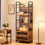Industrial Bookshelf with Drawers, 4-Tier Rustic Bookcase, 70.87 Tall Display Storage Rack for Bedroom, Living Room, Home Office, Brown