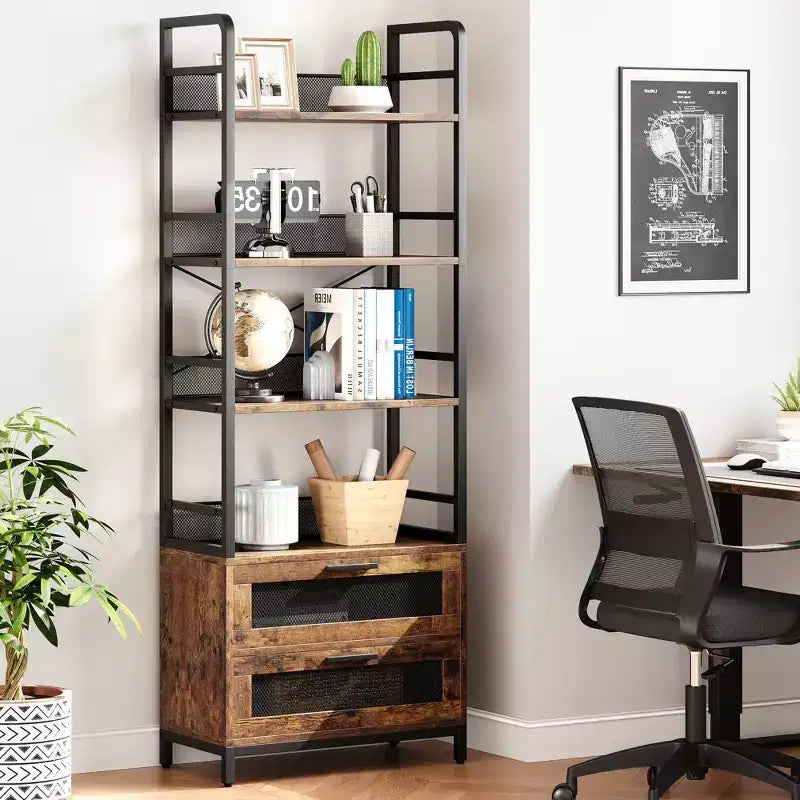 Industrial Bookshelf with Drawers, 4-Tier Rustic Bookcase, 70.87 Tall Display Storage Rack for Bedroom, Living Room, Home Office, Brown