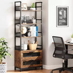 Industrial Bookshelf with Drawers, 4-Tier Rustic Bookcase, 70.87 Tall Display Storage Rack for Bedroom, Living Room, Home Office, Brown