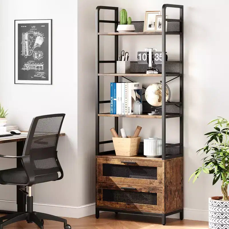 Industrial Bookshelf with Drawers, 4-Tier Rustic Bookcase, 70.87 Tall Display Storage Rack for Bedroom, Living Room, Home Office, Brown