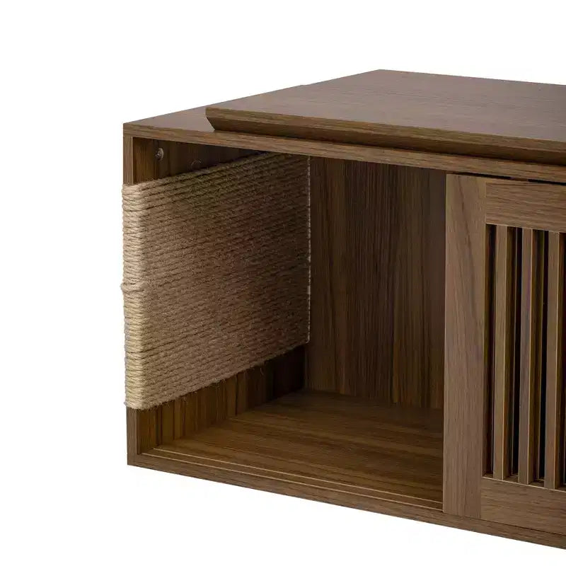 Extendable TV Stand Cat Furniture TV Media Console Cat House Litter Box Enclosure with Cat Scratcher, Walnut