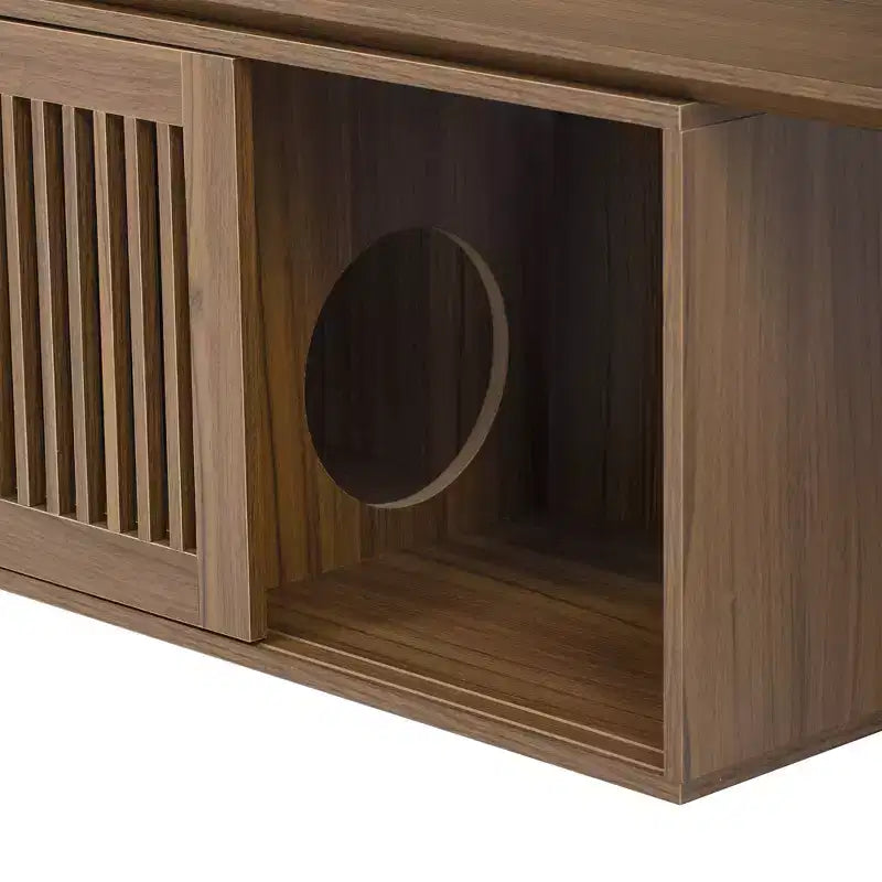 Extendable TV Stand Cat Furniture TV Media Console Cat House Litter Box Enclosure with Cat Scratcher, Walnut