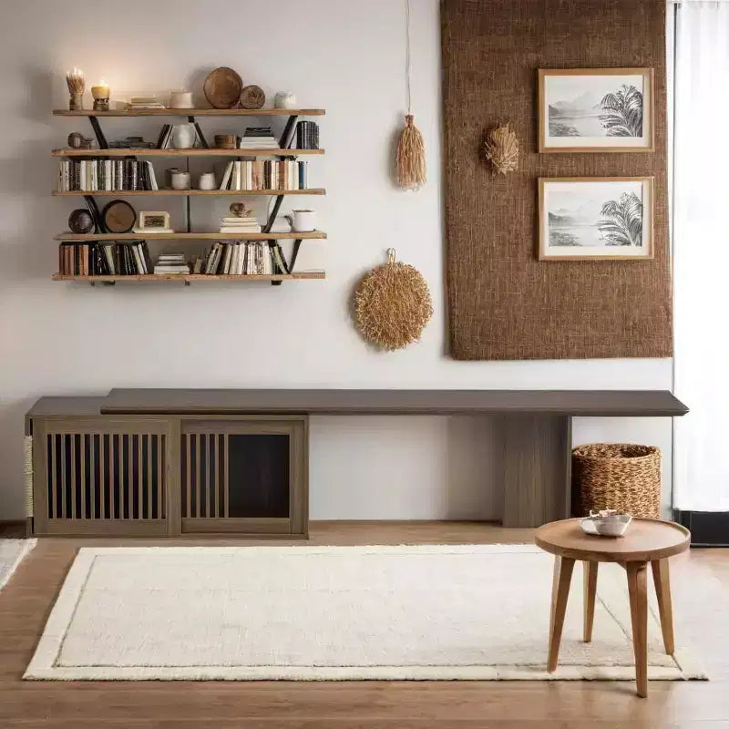 Extendable TV Stand Cat Furniture TV Media Console Cat House Litter Box Enclosure with Cat Scratcher, Walnut