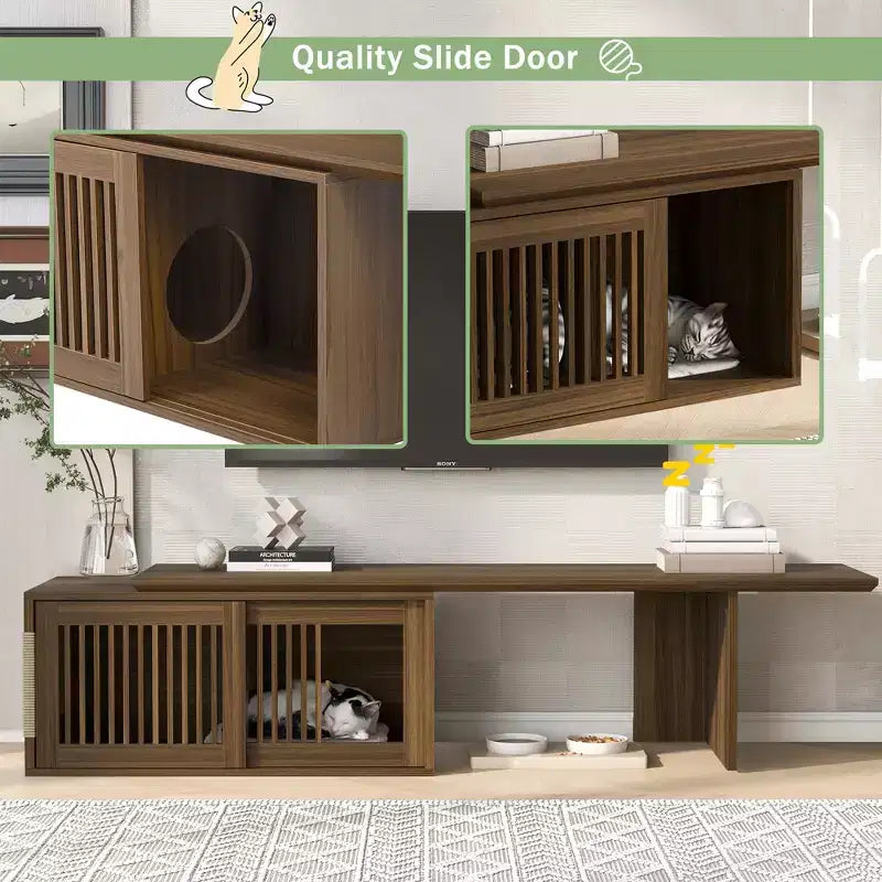 Extendable TV Stand Cat Furniture TV Media Console Cat House Litter Box Enclosure with Cat Scratcher, Walnut