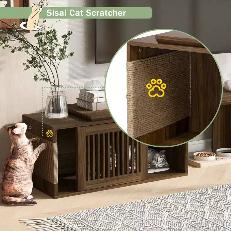 Extendable TV Stand Cat Furniture TV Media Console Cat House Litter Box Enclosure with Cat Scratcher, Walnut