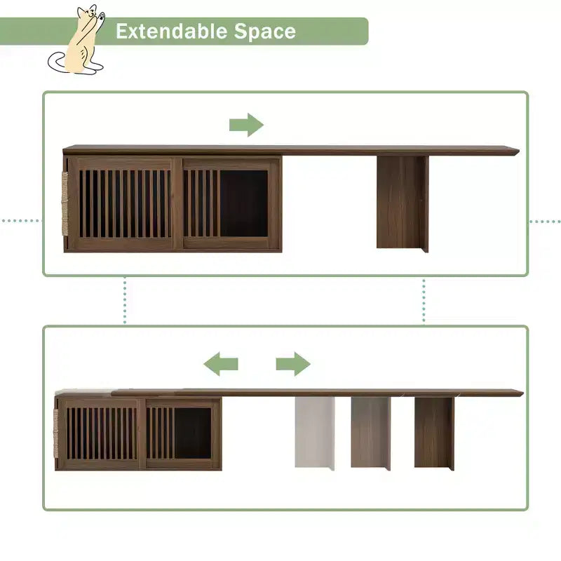 Extendable TV Stand Cat Furniture TV Media Console Cat House Litter Box Enclosure with Cat Scratcher, Walnut