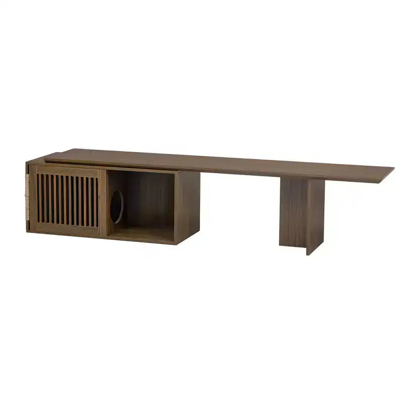Extendable TV Stand Cat Furniture TV Media Console Cat House Litter Box Enclosure with Cat Scratcher, Walnut