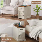 Rustic Farmhouse End Table with Charging Station & Storage Shelves Perfect for Small Space