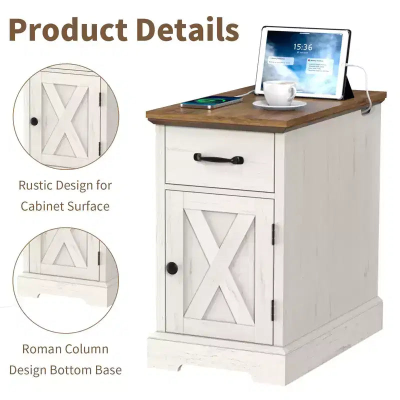 Rustic Farmhouse End Table with Charging Station & Storage Shelves Perfect for Small Space