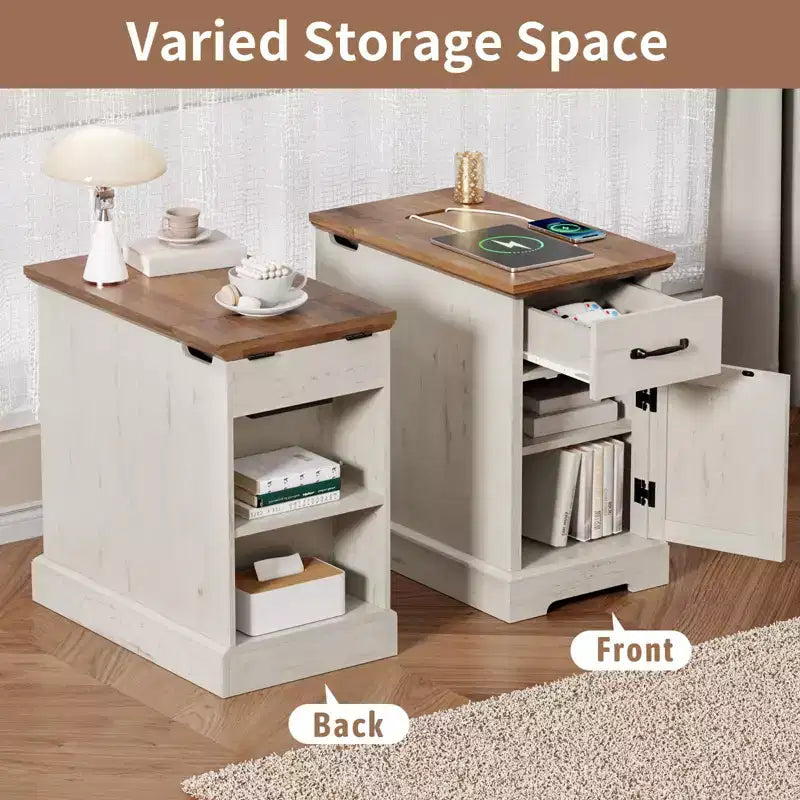 Rustic Farmhouse End Table with Charging Station & Storage Shelves Perfect for Small Space