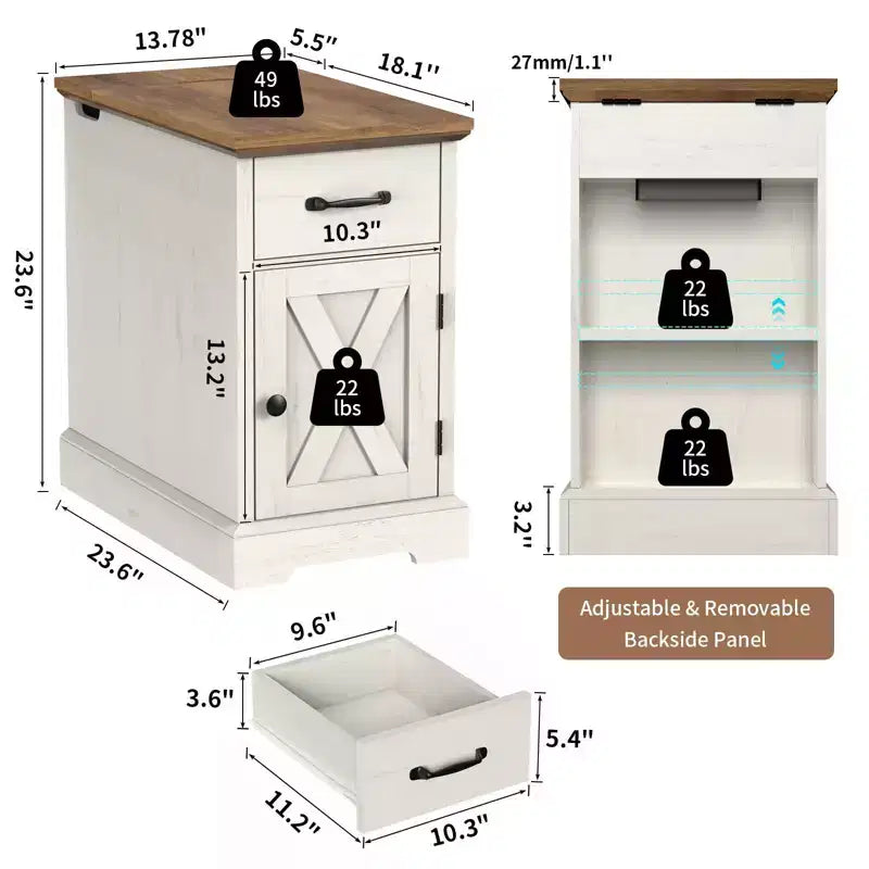 Rustic Farmhouse End Table with Charging Station & Storage Shelves Perfect for Small Space