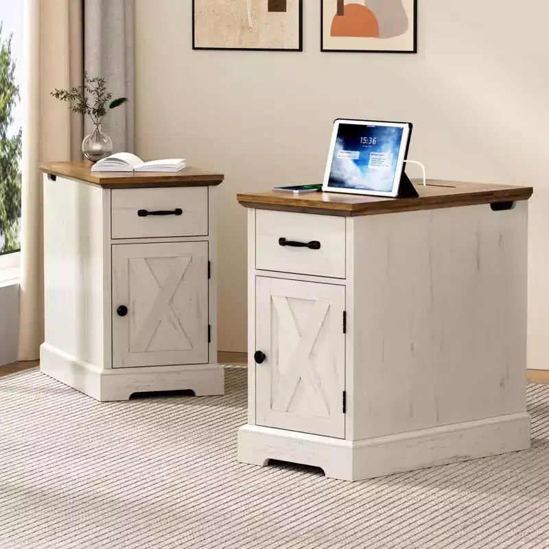 Rustic Farmhouse End Table with Charging Station & Storage Shelves Perfect for Small Space