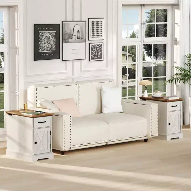 Rustic Farmhouse End Table with Charging Station & Storage Shelves Perfect for Small Space