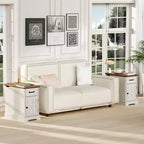 Rustic Farmhouse End Table with Charging Station & Storage Shelves Perfect for Small Space