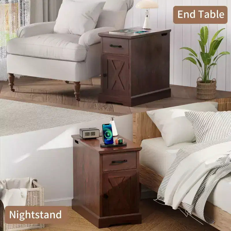 Rustic Farmhouse End Table with Charging Station & Storage Shelves Perfect for Small Space