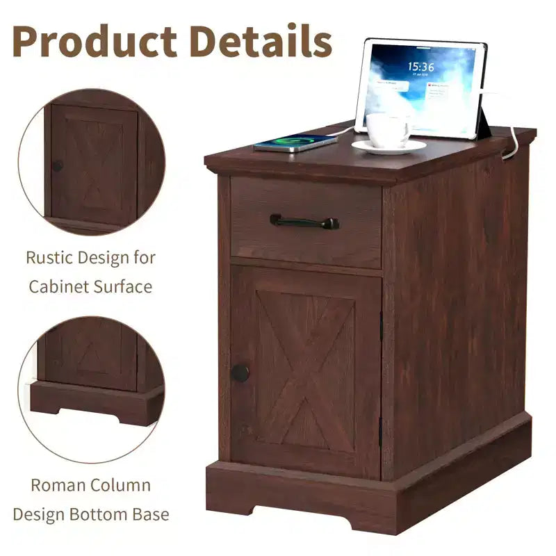 Rustic Farmhouse End Table with Charging Station & Storage Shelves Perfect for Small Space