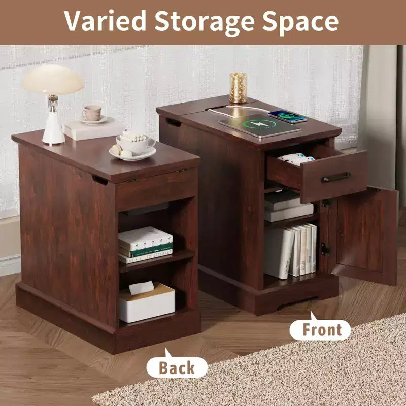 Rustic Farmhouse End Table with Charging Station & Storage Shelves Perfect for Small Space