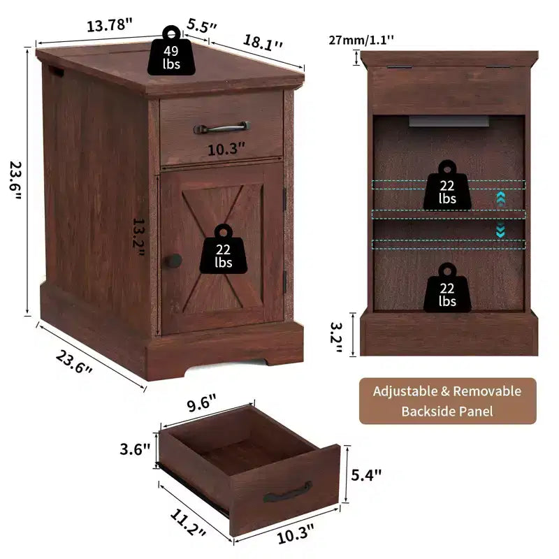 Rustic Farmhouse End Table with Charging Station & Storage Shelves Perfect for Small Space