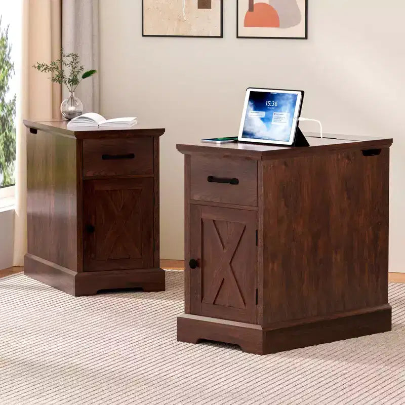 Rustic Farmhouse End Table with Charging Station & Storage Shelves Perfect for Small Space
