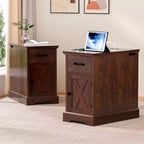 Rustic Farmhouse End Table with Charging Station & Storage Shelves Perfect for Small Space