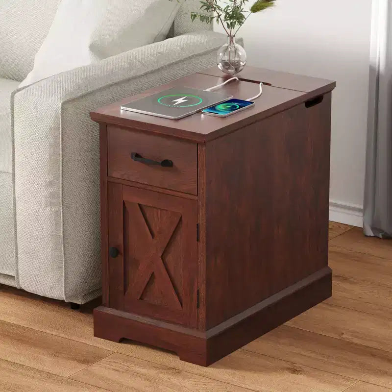 Rustic Farmhouse End Table with Charging Station & Storage Shelves Perfect for Small Space