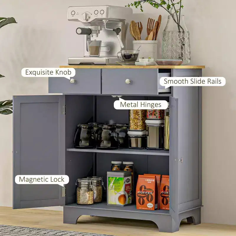 Sideboard Buffet Cabinet, Double Door Kitchen Cabinet, Coffee Bar Storage with 2 Drawers, Adjustable Shelf for Living Room, Gray