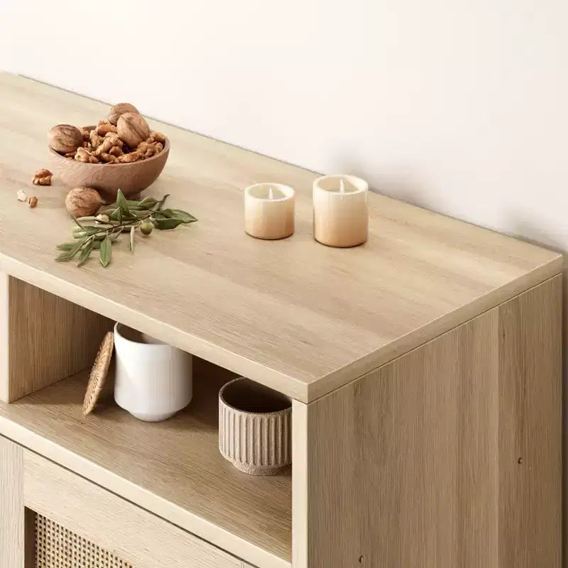 Sideboard Buffet Storage Cabinet, Rattan Kitchen Cabinet with 2 Doors/Shelf for Dining Living Room Entry Hallway Coffee Bar