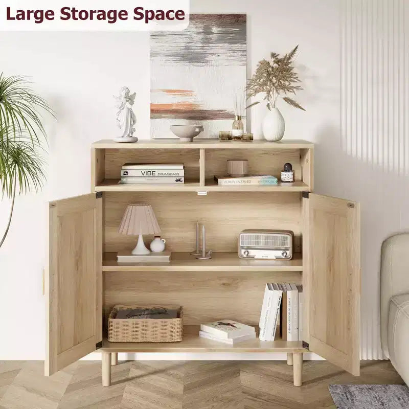 Sideboard Buffet Storage Cabinet, Rattan Kitchen Cabinet with 2 Doors/Shelf for Dining Living Room Entry Hallway Coffee Bar