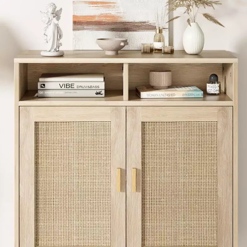 Sideboard Buffet Storage Cabinet, Rattan Kitchen Cabinet with 2 Doors/Shelf for Dining Living Room Entry Hallway Coffee Bar