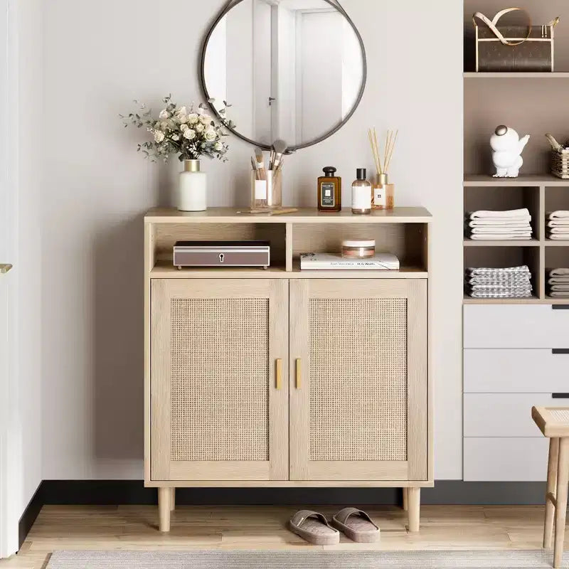 Sideboard Buffet Storage Cabinet, Rattan Kitchen Cabinet with 2 Doors/Shelf for Dining Living Room Entry Hallway Coffee Bar