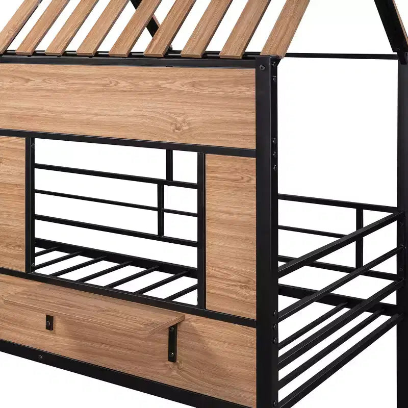 Metal House Loft Bed for Kids, Twin Size Loft Bed Frame with Roof & Window