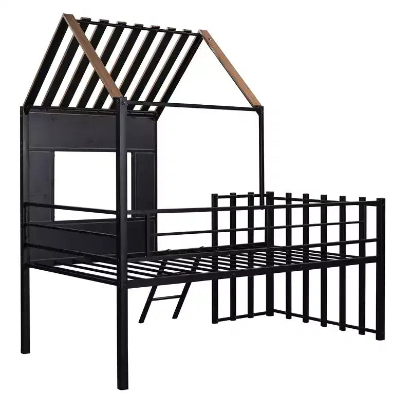 Metal House Loft Bed for Kids, Twin Size Loft Bed Frame with Roof & Window
