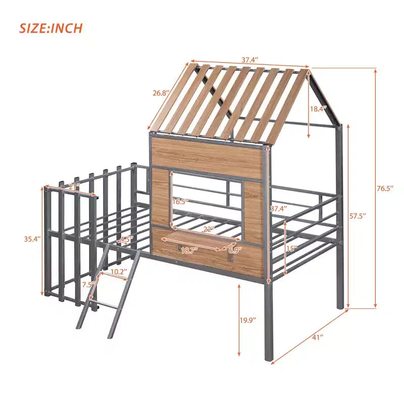Metal House Loft Bed for Kids, Twin Size Loft Bed Frame with Roof & Window